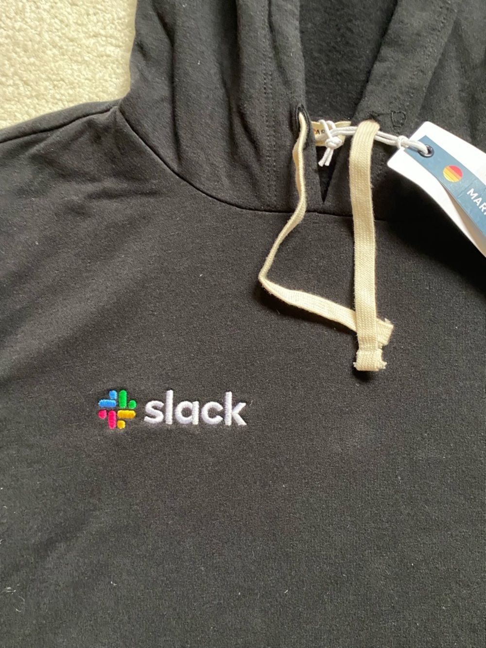 NWT Slack Logo Black Hoodie with Cream Drawstrings - Corporate Office - Size L